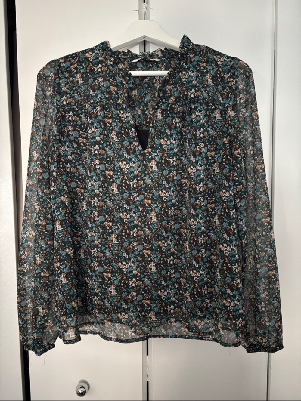Floral Long-Sleeve V-Neck Blouse - Teal & Brown